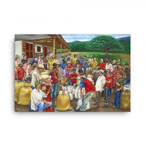 A group of farm workers weighing coffee